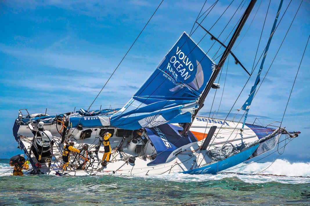 The stranded yacht of Team Vestas Wind, the day after it ran aground