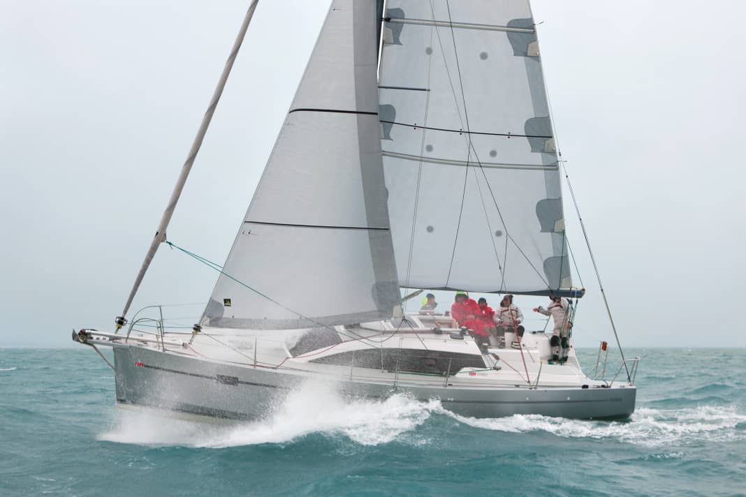 The heavy weather jib, also known as a trinquette, on the mobile cutter stay