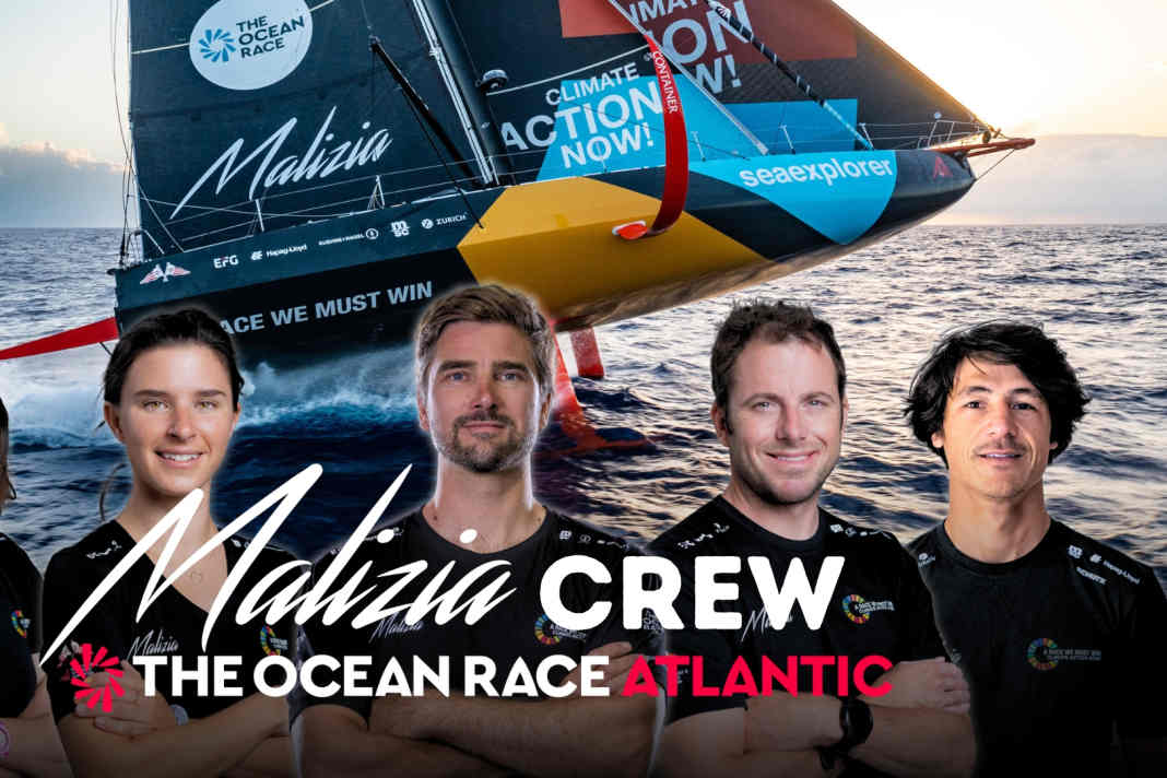 Tutti i velisti di Malizia per la The Ocean Race Atlantic in sintesi (da destra a sinistra): il giornalista di bordo Gauthier Lebec, Julien Villion, lo skipper Boris Herrmann, Cole Brauer e Justine Mettraux.