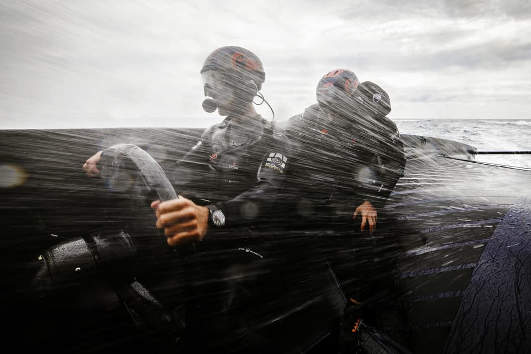 Swiss helmsman Arnaud Psarofaghis and his crew in action for the America's Cup challengers from Team Alinghi Red Bull Racing off Barcelona. The "Speed" picture won the Mirabaud Yacht Racing Award