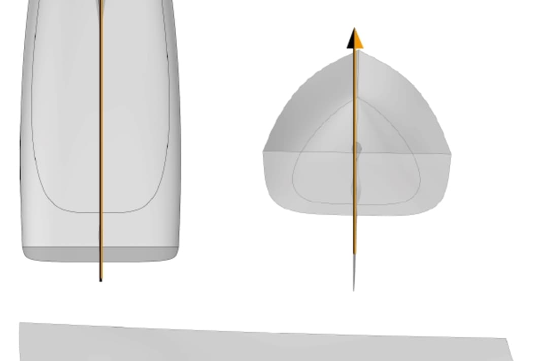 Keil: Der flache U-Spant erzeugt in Kombination mit einem breiten Heck eine keilförmige benetzte Fläche, vorn schmal, hinten breit und abgehackt