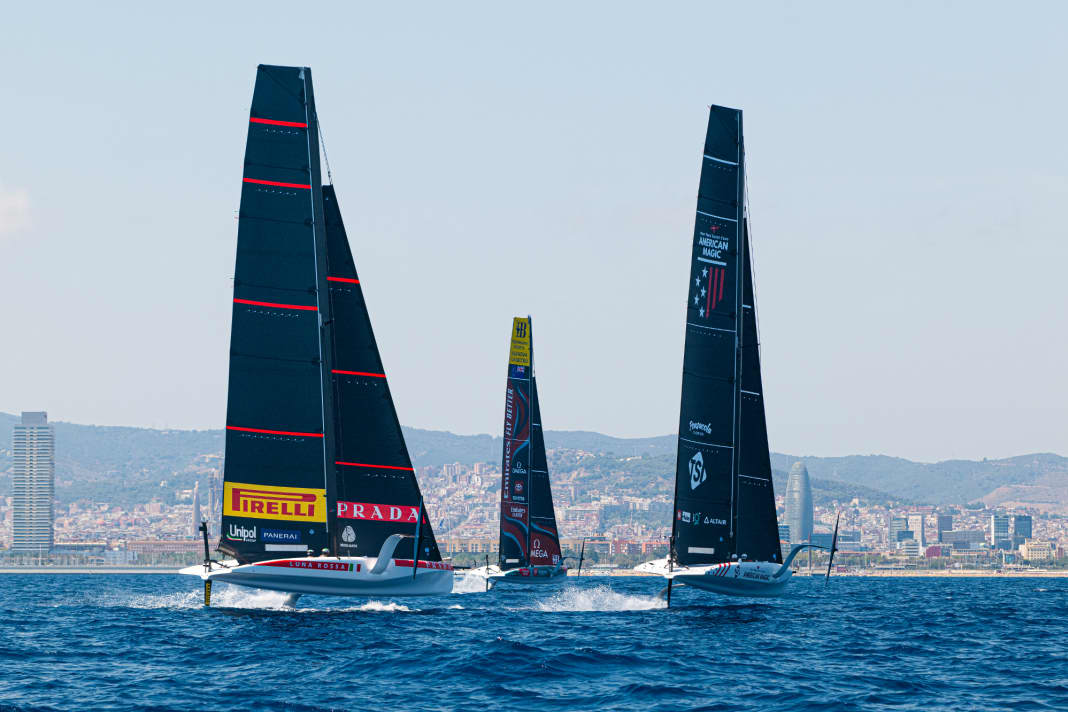 Finally united: AC40s from different teams sailed against each other for tests off Barcelona for the first time