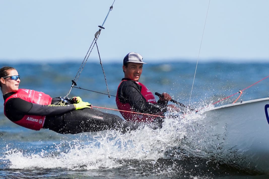 Simon Diesch and Anna Markfort compete for a medal in the 470 Mixed at the Sailing World Championships in The Hague