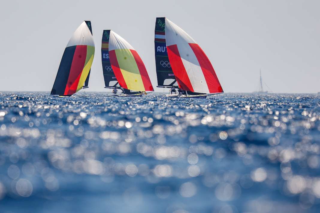 Olympic 49er crews training in the bay of Marseille