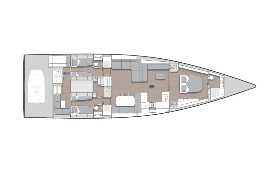 The standard layout: crew area with bunk beds aft, galley on the main bulkhead, huge bow cabin.