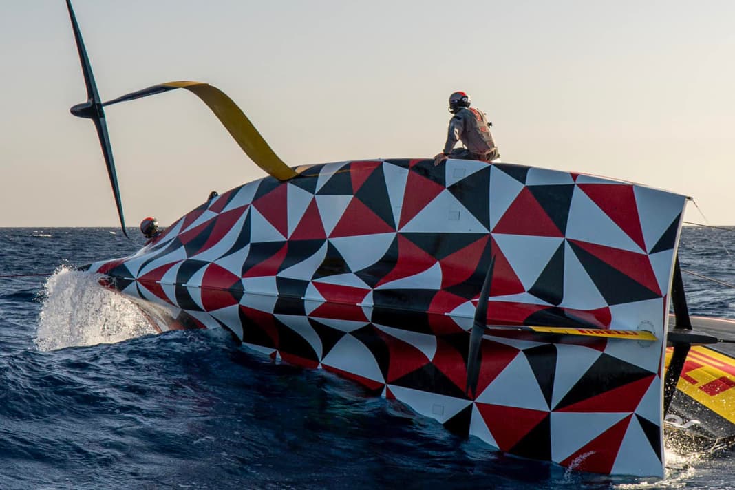 The LQ12 prototype of the Italian Luna Rossa Prada Pirelli team capsized in the bay of Cagliari