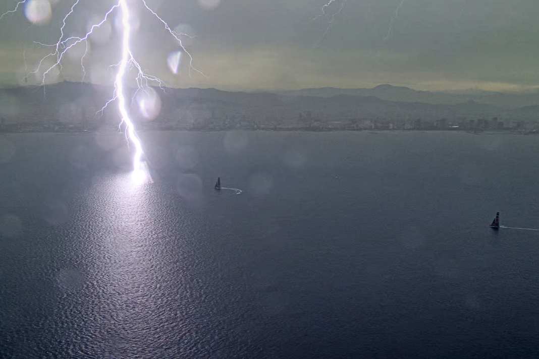 A second shot of the frightening moment for the teams on the Louis Vuitton Cup circuit outside Barcelona