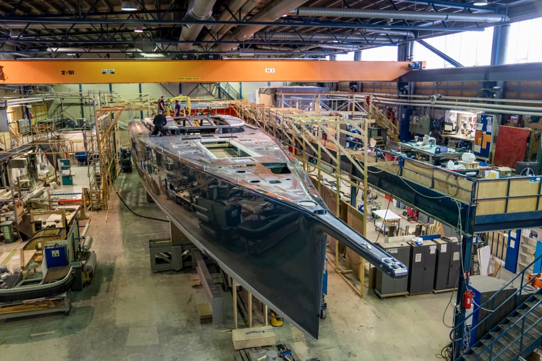 Baltic 110: The 33.50-metre-long carbon-slide is due to float in the Finnish Baltic Sea in May. The bowsprit was laminated as part of the hull mould