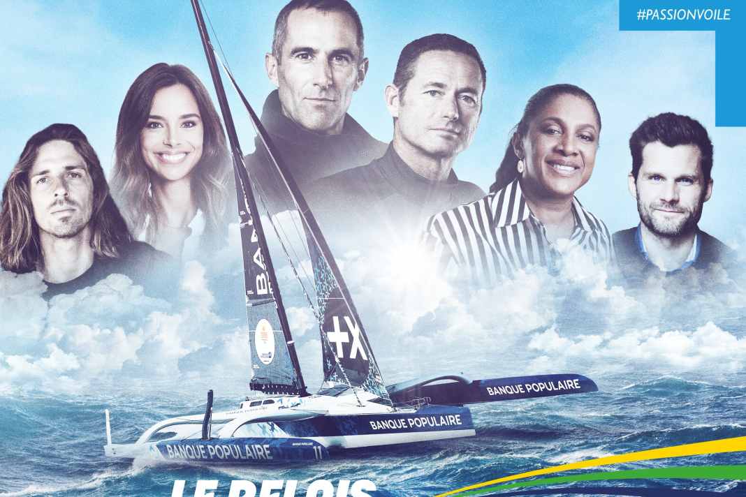 "Maxi Banque Populaire XI" skipper Armel Le Cléac'h, co-skipper Seb Josse and their celebrity crew for the torch relay across the Atlantic