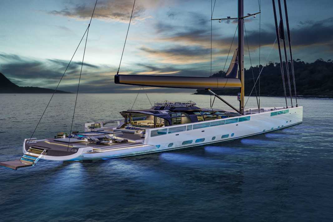 Tony Castro a conçu les 62,5 mètres pour une navigation confortable en haute mer. Les inserts en verre donnent un aspect plus filigrane aux hauts pavois.