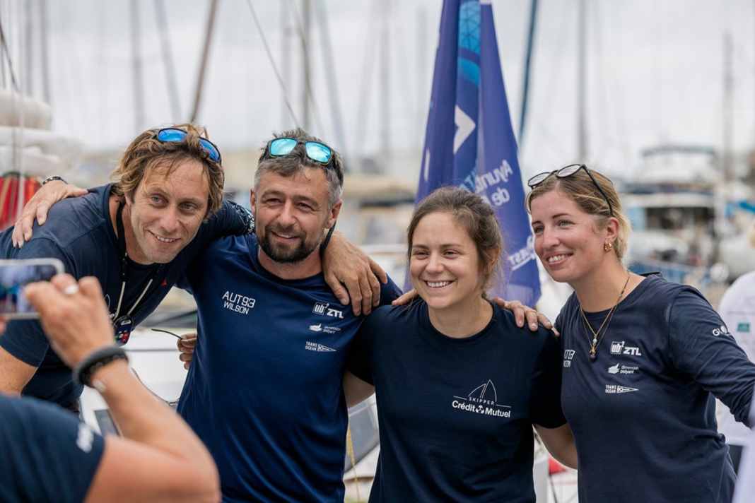 Farewell group photo from La Réunion: Ian Lipinski (left) and Amélie Grassi (2nd from right) with Austrian skipper Lisa Berger and her co-skipper Jade Edwards-Leaney.