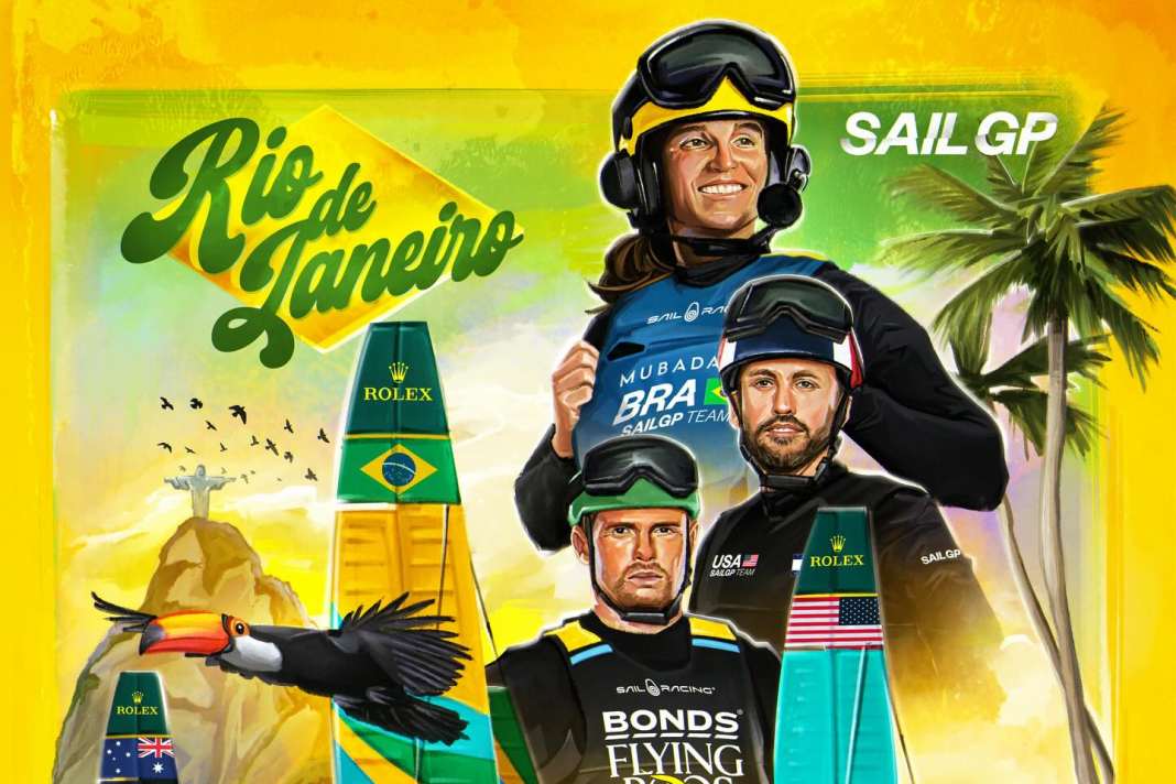 L'affiche de SailGP pour la première de Rio avec une Martine Grael souriante.