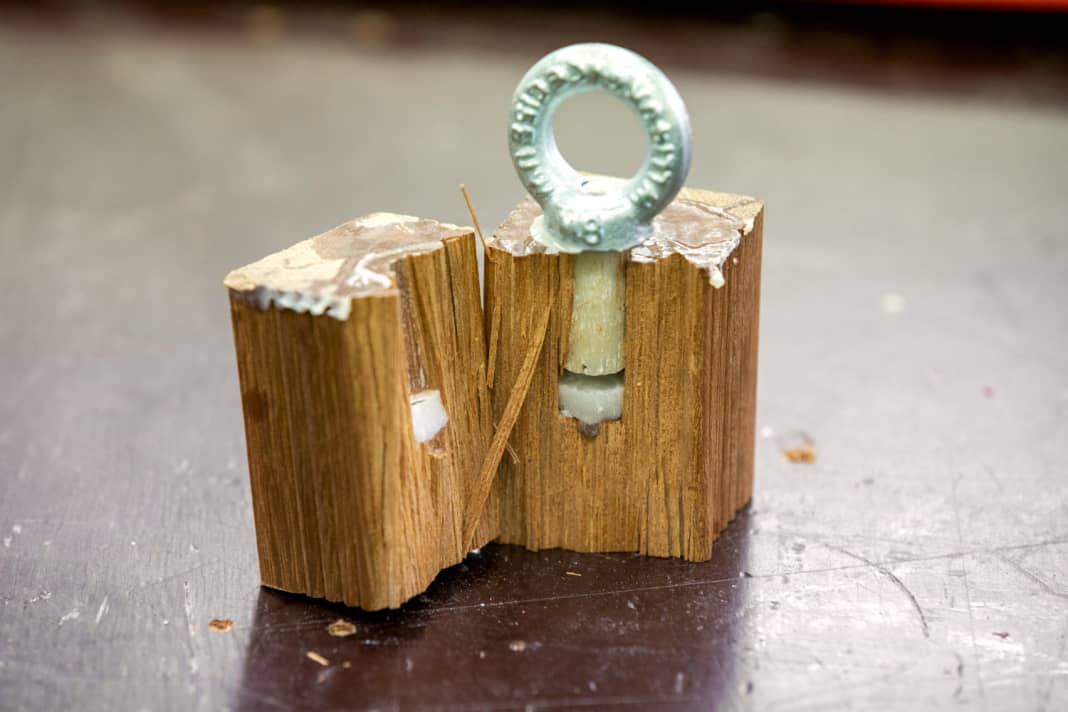 The broken pattern clearly shows the structure of the bond with blind hole, the bond was stronger than the hardwood block.