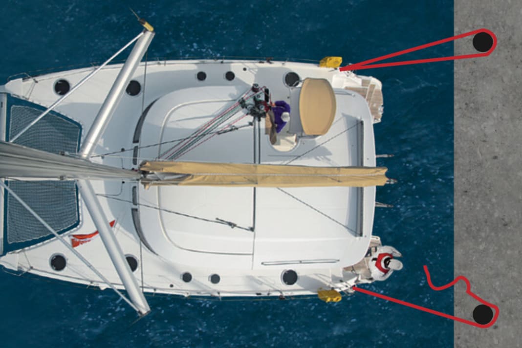 1. lay both mooring lines on slips and fiddle a little to take the strain off the mooring lines. This makes it easier to remove them from the cleats. Cast off and haul in the leeward stern line.