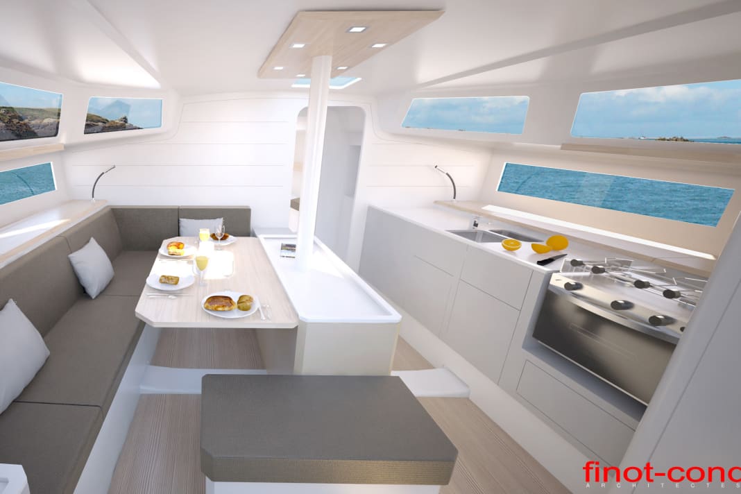 Large windows in the superstructure and hull allow an almost unrestricted view. The galley is attached to the side, the bulky box for the swivelling keel is striking