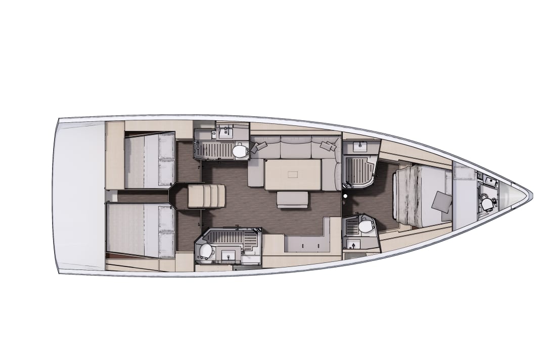 The standard version: three cabins, three heads compartments and the galley at the side of the saloon
