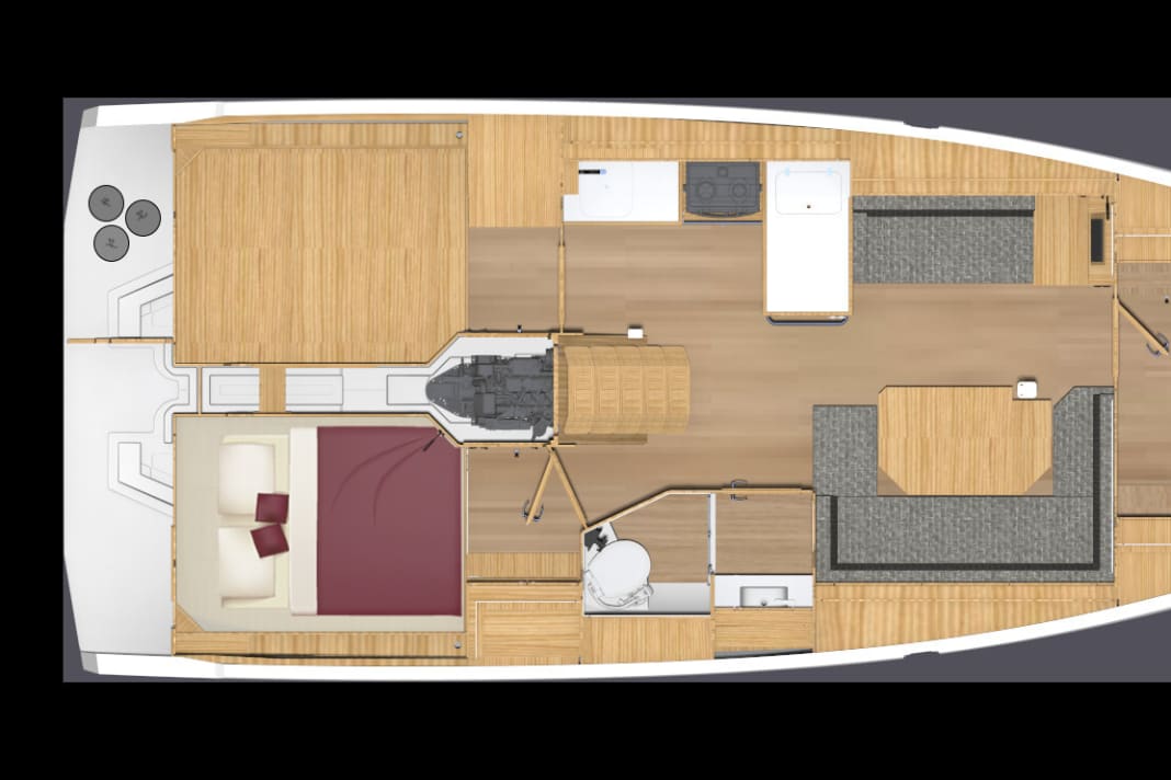 Bavaria C38, layout standard con due cabine, un bagno e un ampio gavone sul lato sinistro a poppa