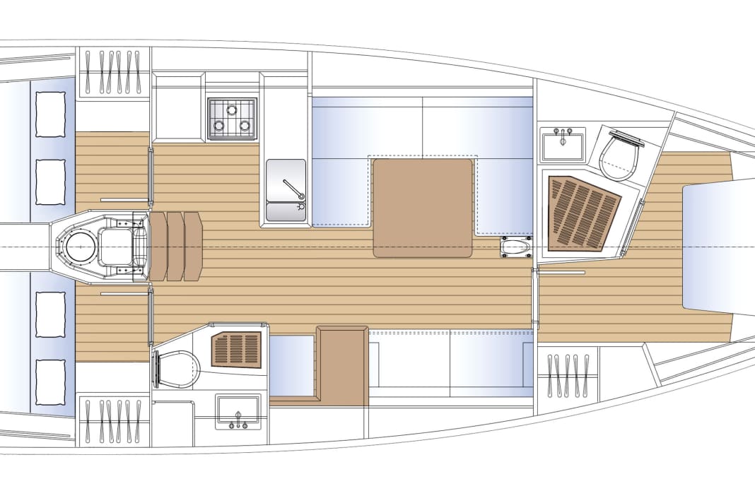 Solaris 40, un modèle classique avec trois cabines doubles et deux cabinets de toilette avec douche.