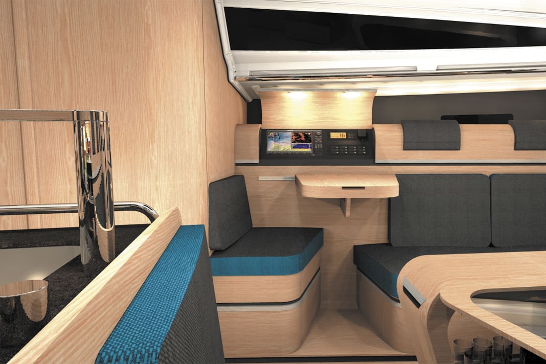 The electronics are neatly concealed under the round storage cabinets