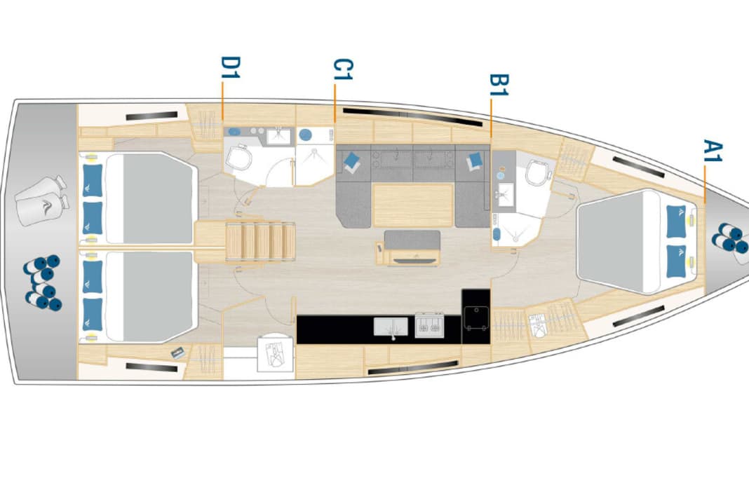 Standard layout: three cabins, two bathrooms, long galley at the side