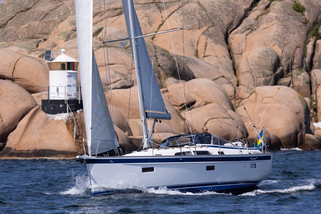 Impressive backdrop. The Hallberg-Rassy 400 in its natural habitat off the island of Orust