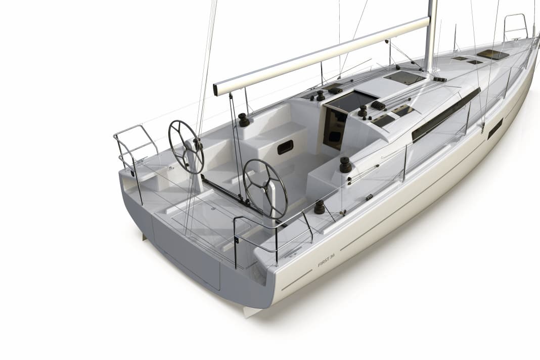 Il layout per l'utilizzo in regata sportiva. Gli elementi posteriori delle dighe possono essere rimossi, così come il tavolo del pozzetto. In questo modo l'equipaggio ha più spazio per lavorare