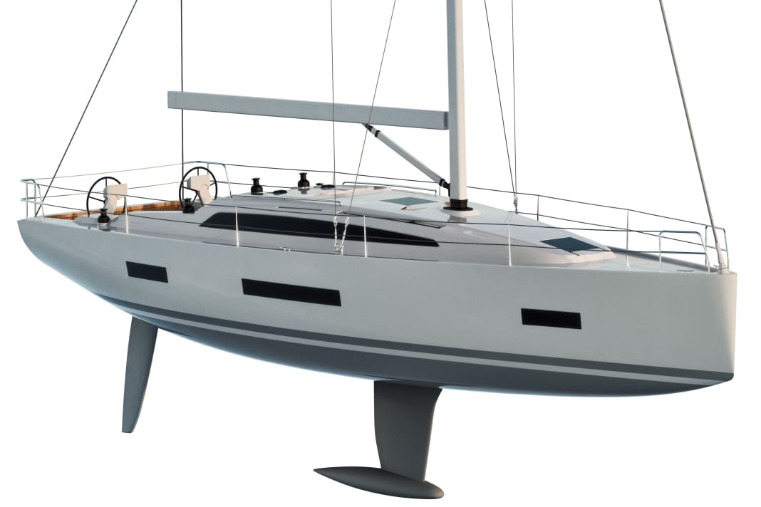 Typical Cossutti design. Long forefoot, voluminous front and a round frame aft for a strongly drawn-in waterline