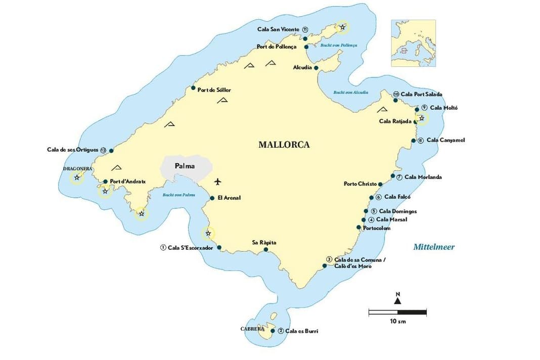Die Buchten in der zweiten Reihe rund um Mallorca. Hier findet man auch im Sommer noch Platz. 
Eine Auswahl aus der Heftstrecke: