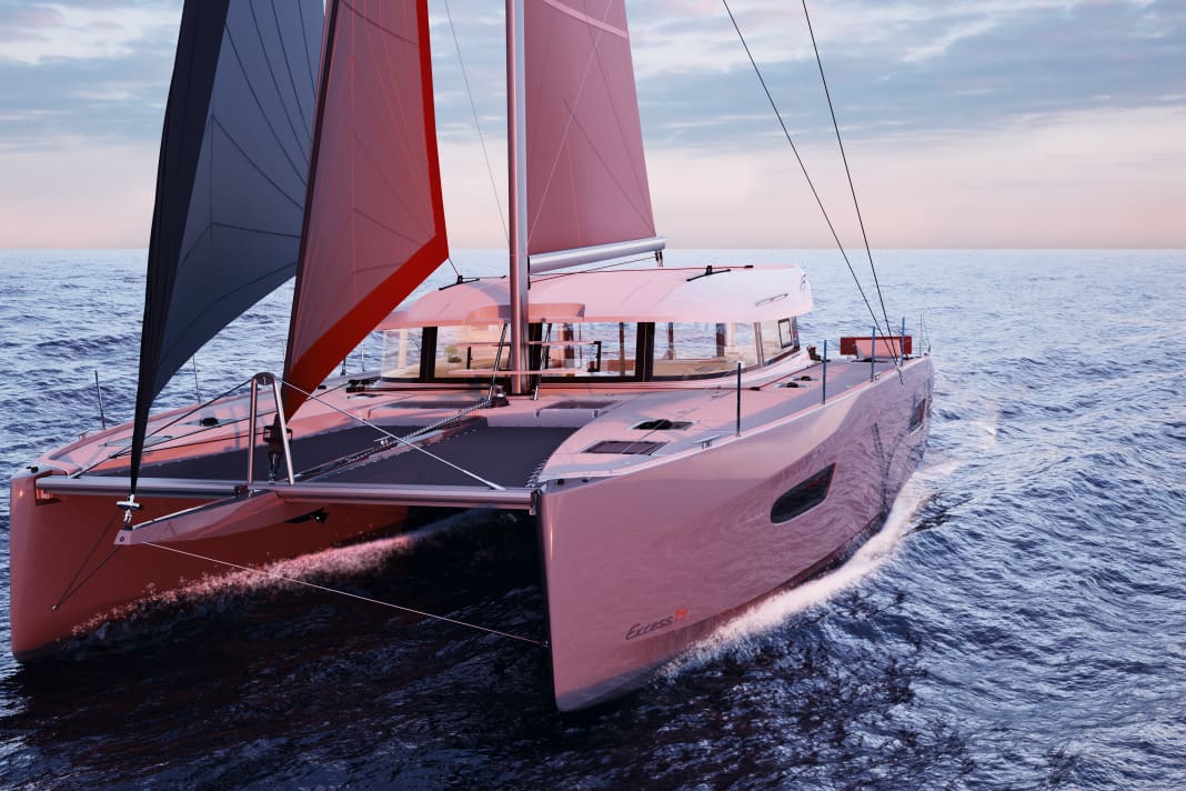 The cabin superstructure is mounted far aft. The hulls are long and slim at the front