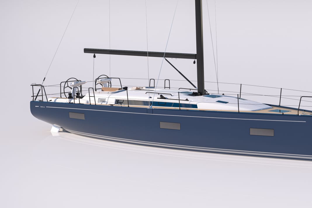 The basic version of the First 44 can be recognised by the shorter bowsprit and the winch arrangement in the cockpit