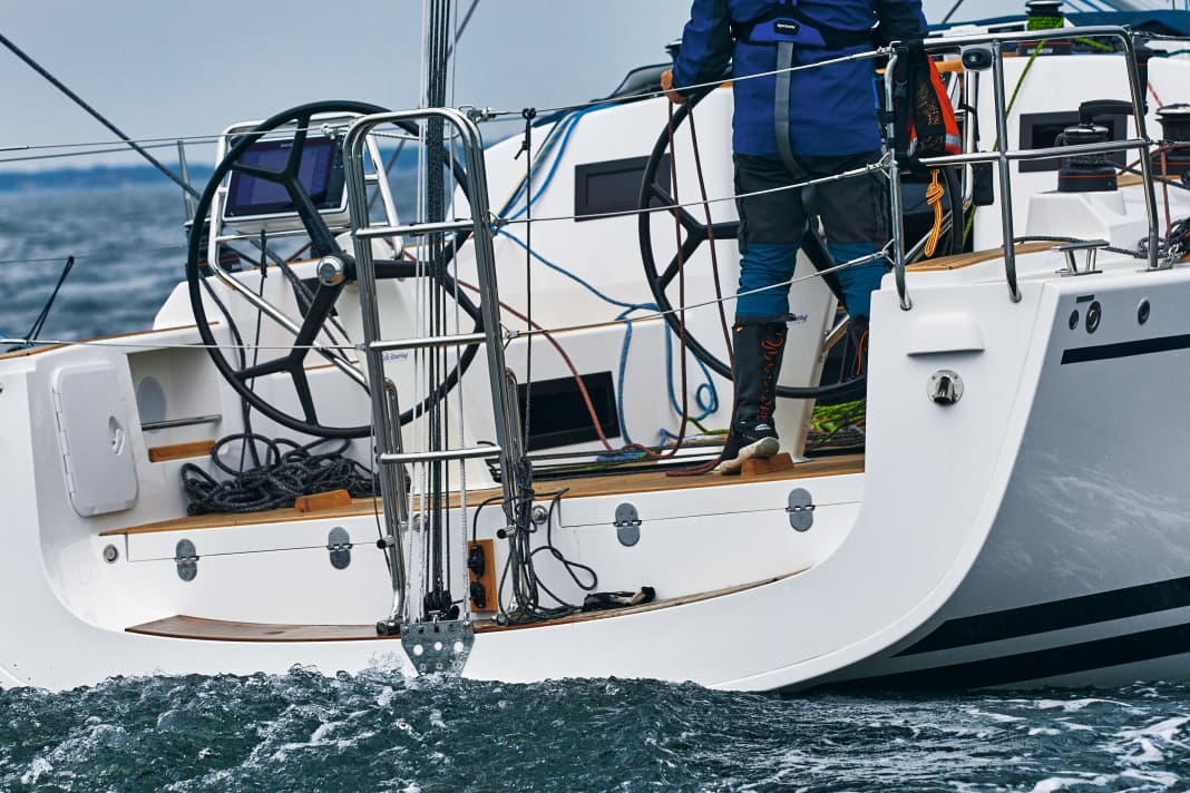 Arcona 385 The massive swim ladder remains folded up when underway. The stern is clearly stepped