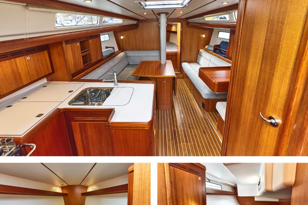 Arcona 385    Klassisches, wohnliches und sehr schön gebautes Interieur im skandinavischen Stil aus Khaya-Mahagoni. Das gefühlte Volumen ist sehr groß. Die Doppelkojen im Vorschiff sowie auch in der Achterkabine bieten beide die breitesten Liegeflächen im Vergleich. Hinten stört die Motorenverkleidung