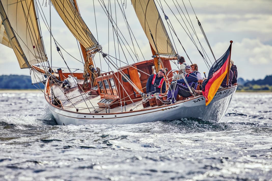 The large cruiser yacht "Mingary" under full sail in her new home waters. The classic sails from the Schlei with guests