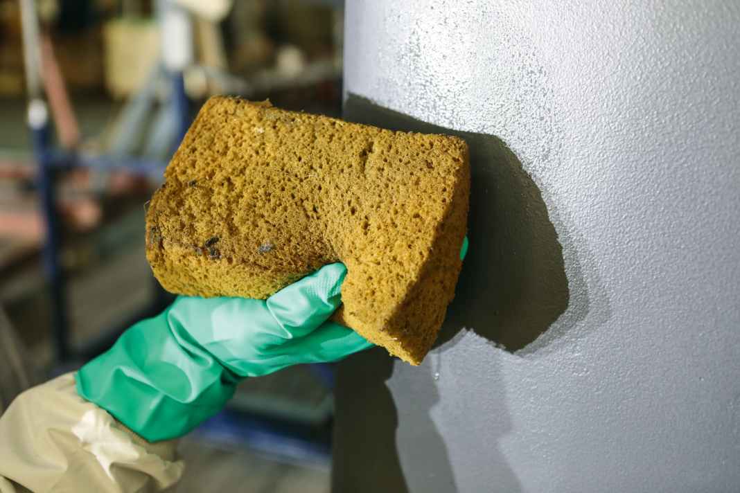 Hart-Antifouling: Der nasse Schwamm zeigt keinen oder nur sehr leichten Farbabrieb – selbstpolierende oder Hart-Antifoulings können aufgebracht werden. Vor dem Anstrich ist Schleifen nötig