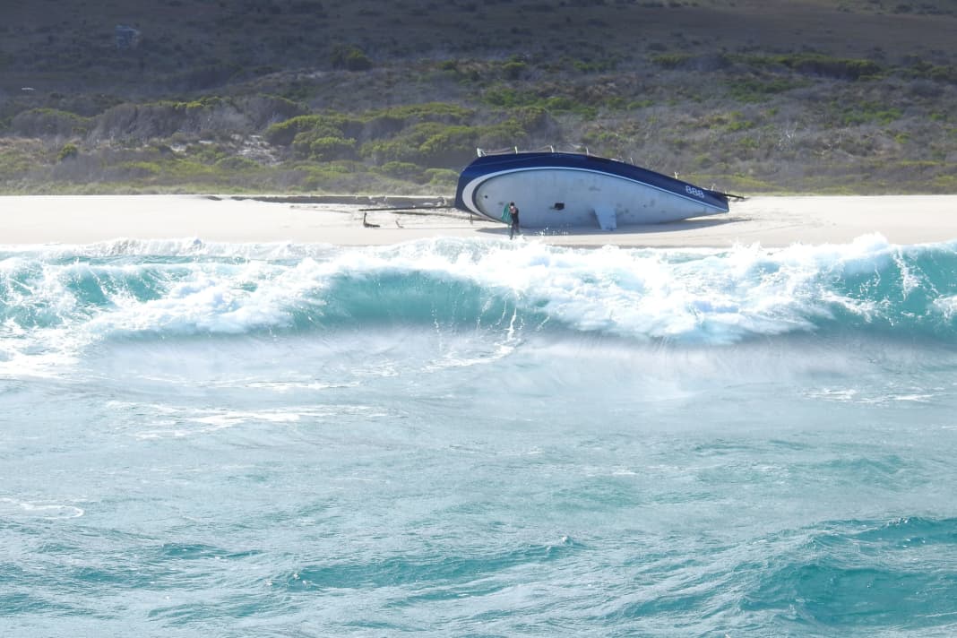 The stranded yacht on Christmas Beach, Cape Barren Island
