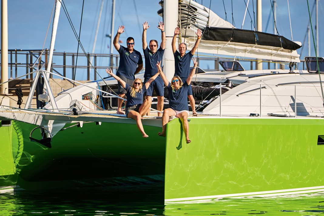 Gorm, 63 (centre), Maren, 56 (bottom right), and Lisa Gondesen, 34 (bottom left), with boat builder Steffen Müller, 54 (top left), and sailing friend Peter Siemsen, 64, on the "Nica"