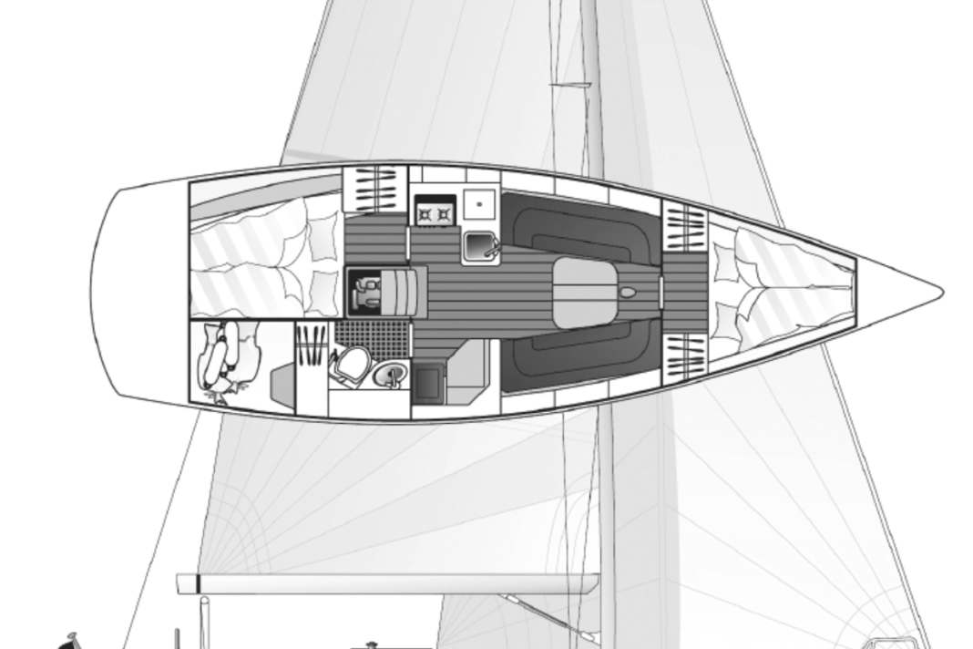 Bavaria 35 Match: Powerful series yacht. Disreputable due to loss of keel of the 42 Match, therefore favourably priced | Drawing: A. Hoppenhaus