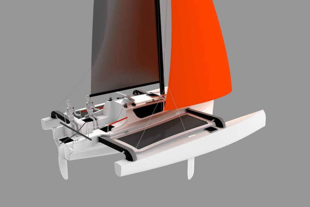 The centreboards are in the floats and can be raised from the cockpit. And; the rudder blade is attached to the stern