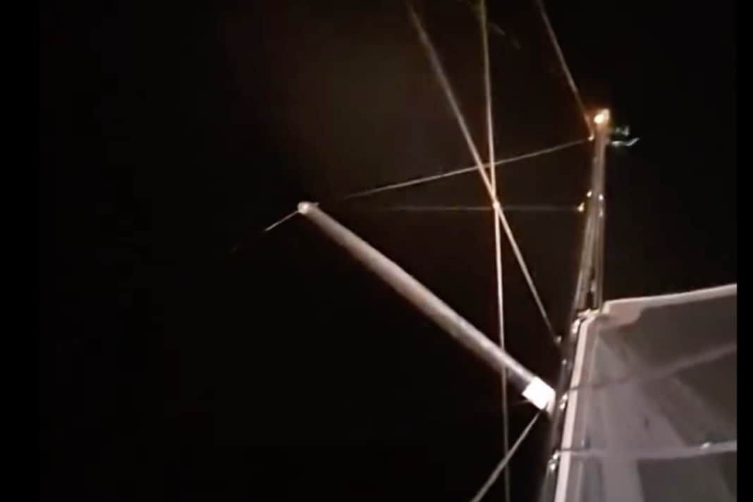 A screenshot from the mast rescue clip by Lisa Berger and Jade Edwards-Leaney: You can see the swinging stay flying through the picture.