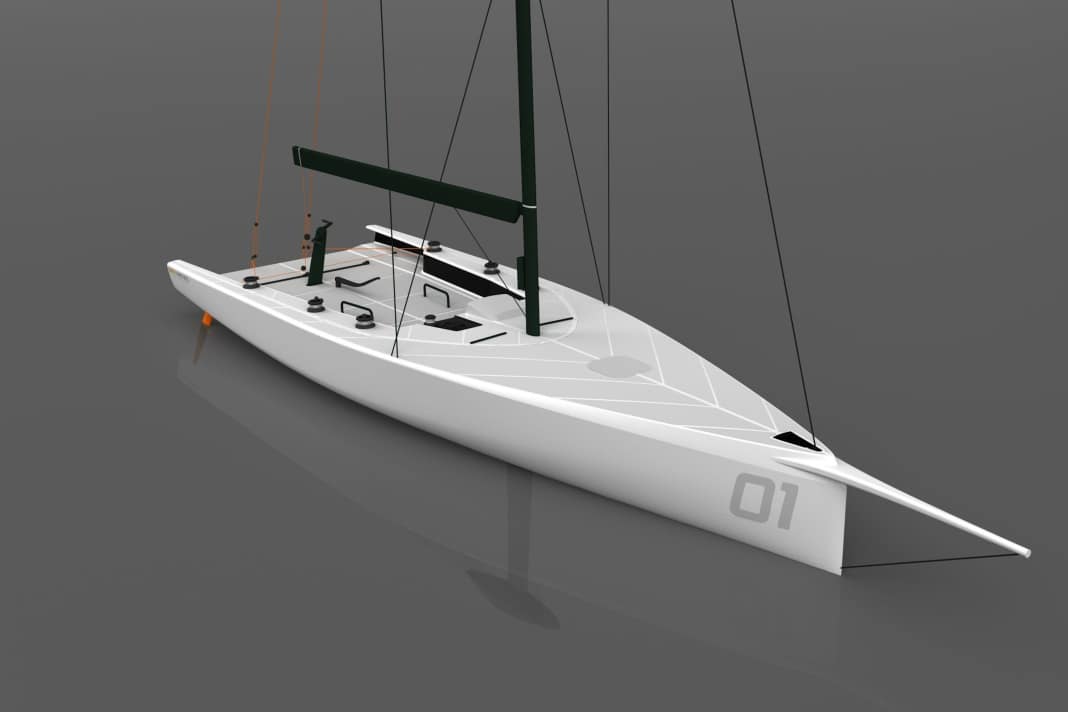 An uncompromising racer: long bowsprit, long and slim hull appendages, open cockpit and no cabin superstructure.