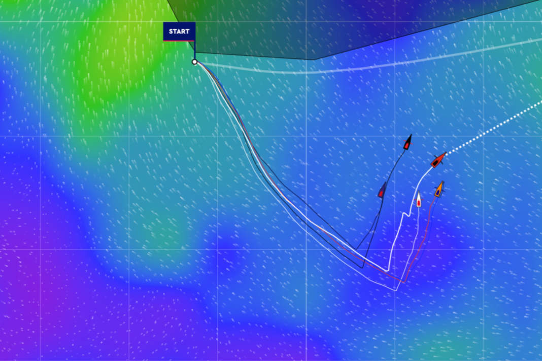 Das Foto vom Tracker zeigt den krassen Kurswechsel der Flotte im Ocean Race Atlantic in der ersten Nacht.