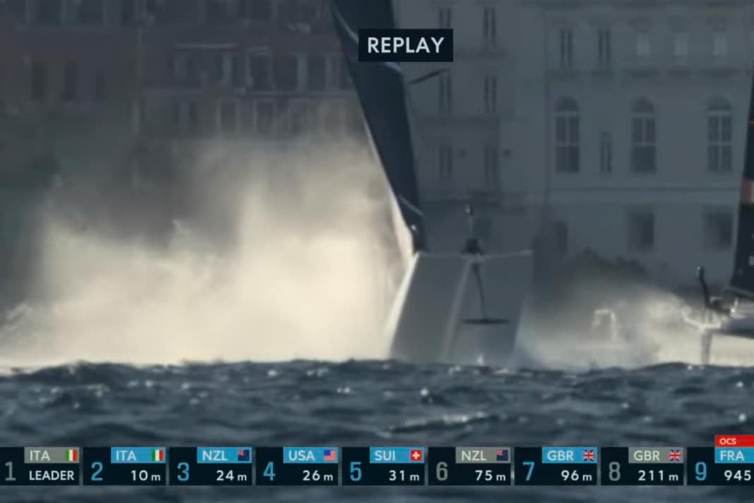 Une capture d'écran tirée de la retransmission en direct montre à quel point la chute en piqué de l'AC40 à foils français a été spectaculaire.