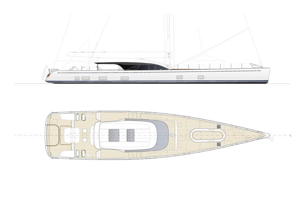Swan Alloy 44: Der Rumpf schnürt achtern leicht ein, die Seitendecks fallen breit aus.