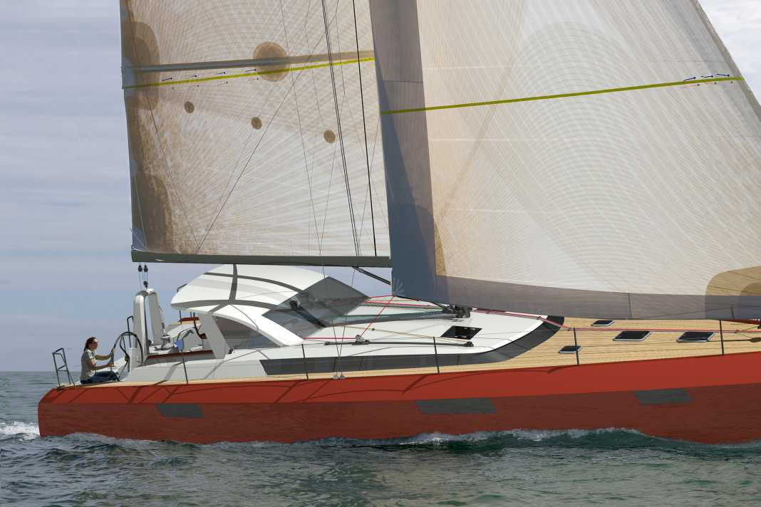 Cigale 15 QR with many sporty features. Short, flat cabin superstructure, chamfers at the transition from hull to deck, long bowsprit.