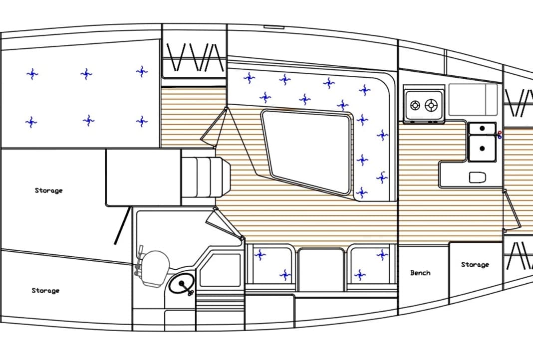 Standard-Ausbau mit zwei Kabinen, begehbarer Backskiste und Pantry vorn am Hauptschott