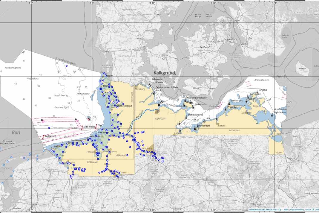 Freenauticalchart uses free data from the BSH and the Netherlands, so only German waters and the Waddenzee are covered.
