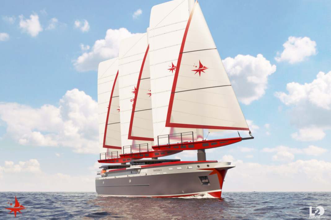 The new Breton cargo ship is 110 metres long, carries almost 4000 square metres of canvas and should be able to cross the Atlantic in just 13 days with low emissions. Capacity: 200 TEU containers. | Image: L2O Naval