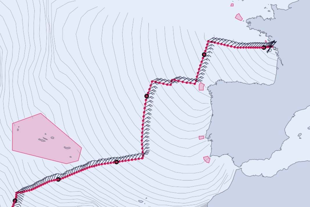 Anfangs wenig Wind und bis zu den Azoren wenige Manöver - so sieht das Dorado-Routing nach dem US-amerikanischen GFS-Modell aus