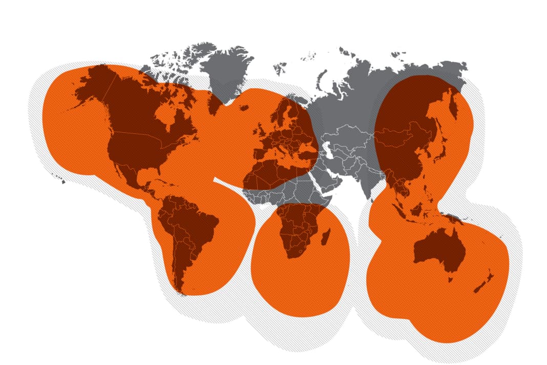 Couverture du réseau Globalstar : même si le fournisseur n'a pas positionné ses 48 satellites avec une couverture mondiale et principalement sur terre, le réseau offre encore des services utilisables sur l'Atlantique.