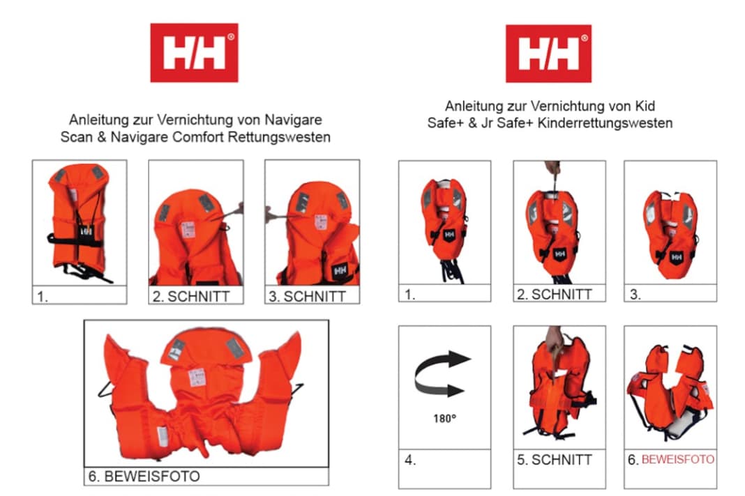 Helly Hansen bietet eine detaillierte Anleitung, wie die betroffenen Rettungswesten unbrauchbar gemacht werden sollen.
